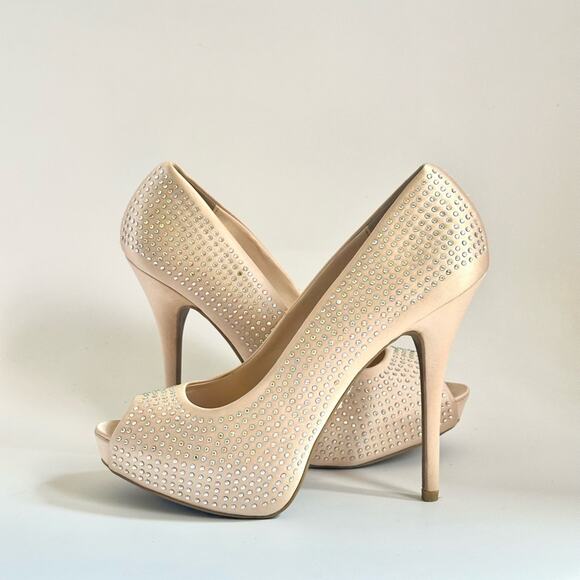JLO Taupe Platinum Faux Diamond Studded Platform Heels - Picture 1 of 7